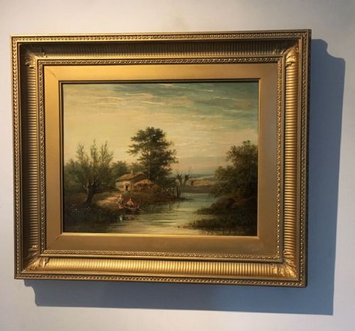 Original 19th Century Oil Painting on Canvas English River Pastoral Landscape