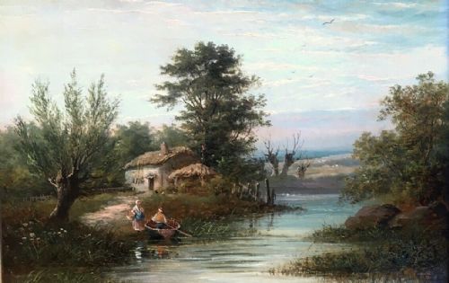 fig 1. Original 19th Century Oil Painting on Canvas English River Pastoral Landscape