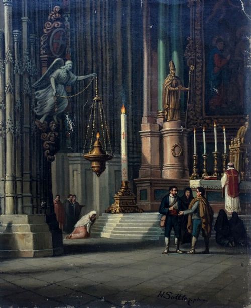 Attributed to Hubert Sattler (1817-1904) Original Signed 19th Century Antique Oil Painting on Canvas Fragment Baroque Church Interior