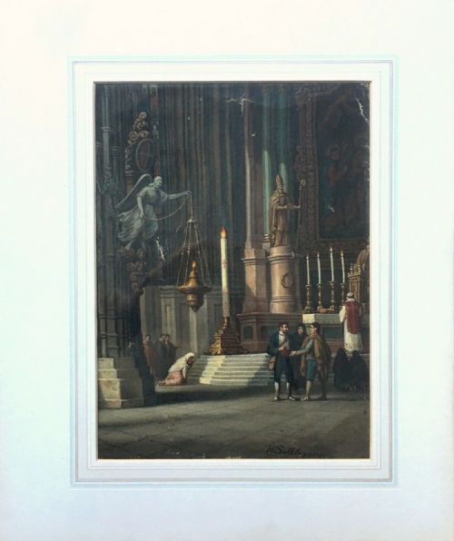 fig 1. Attributed to Hubert Sattler (1817-1904) Original Signed 19th Century Antique Oil Painting on Canvas Fragment Baroque Church Interior