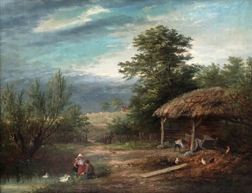 Original 19th Century English Antique Oil Painting English Pastoral Landscape with Children Feeding Ducks Decorative Frame