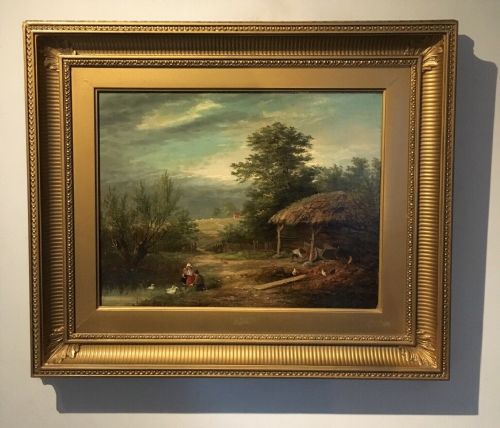 fig 1. Original 19th Century English Antique Oil Painting English Pastoral Landscape with Children Feeding Ducks Decorative Frame