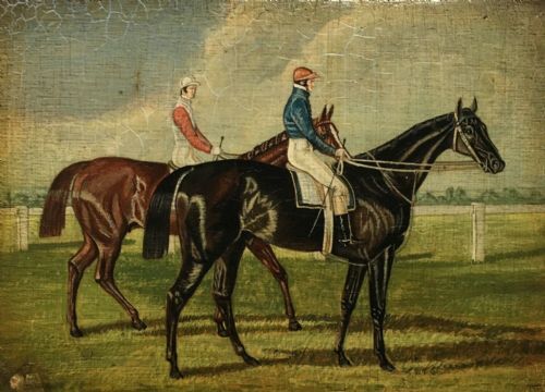 British School Naive Oil Painting on Wooden Panel Jockeys on Race Horses