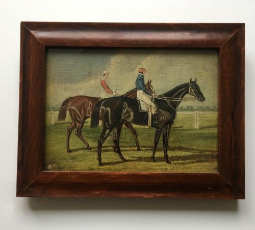 fig 1. British School Naive Oil Painting on Wooden Panel Jockeys on Race Horses