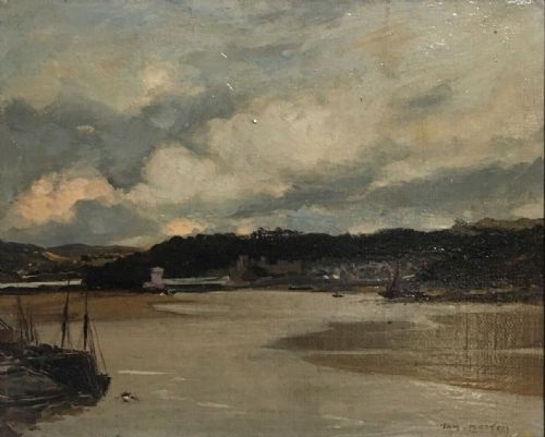fig 1. Tom Mostyn Signed Original Antique Oil Painting Conwy in Wales, from the Bay
