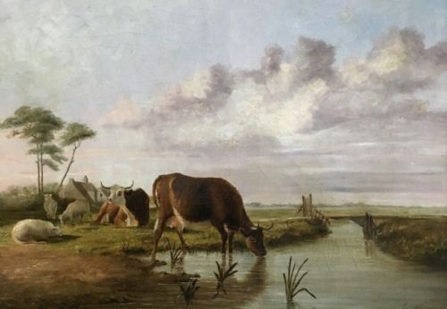 Indistinctly Signed Original Antique Oil Painting Sheep & Cattle River Landscape