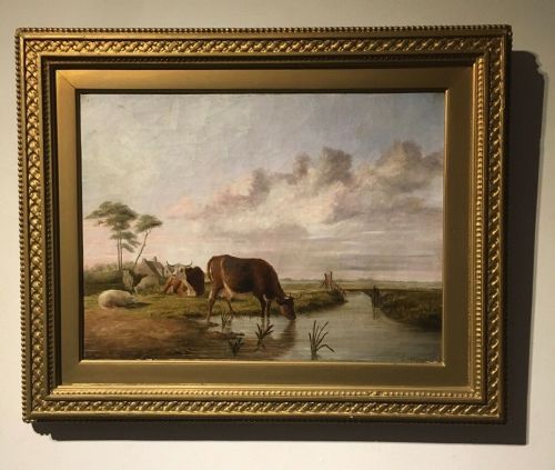 fig 1. Indistinctly Signed Original Antique Oil Painting Sheep & Cattle River Landscape