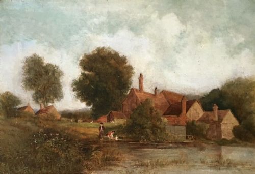Original Antique Canvas Oil Painting Figures by a Farm House with Mill Pond English School Landscape