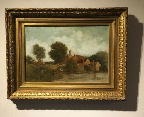 fig 1. Original Antique Canvas Oil Painting Figures by a Farm House with Mill Pond English School Landscape