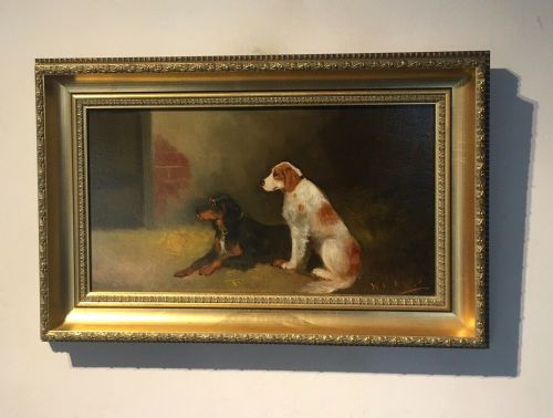 W H (William Howard) Hardy Signed Hunting Study Gun Dogs in Barn Original Antique English Oil Painting on Board