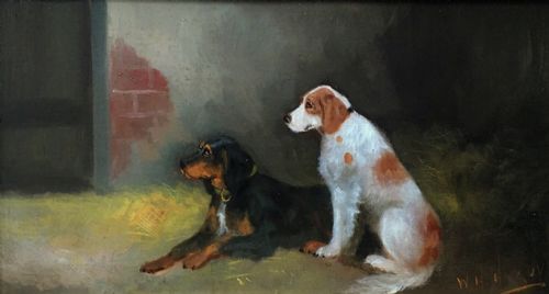 fig 1. W H (William Howard) Hardy Signed Hunting Study Gun Dogs in Barn Original Antique English Oil Painting on Board