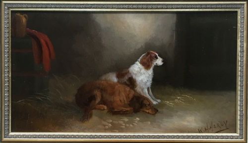 fig 1. William Howard Hardy Hunting Gun Dogs Spaniels in a Barn Signed Original Antique Oil Painting on Board