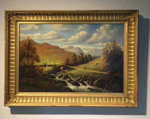 Signed Antique English Oil Painting in Wooden Gilt Frame Figures & Sheep in "Wastdale" Lake District Cumbria Landscape