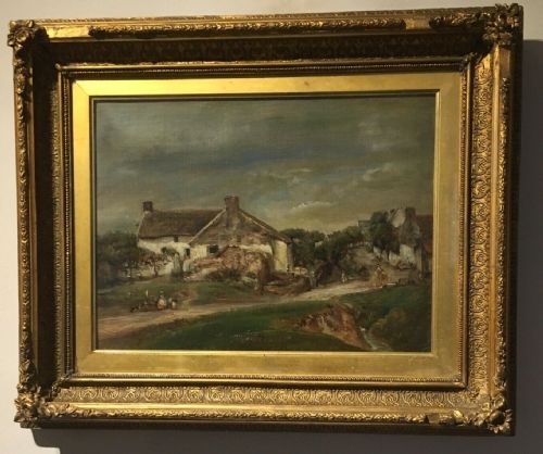 English School Original Oil Painting Landscape Hamlet & Country Woman by a Road