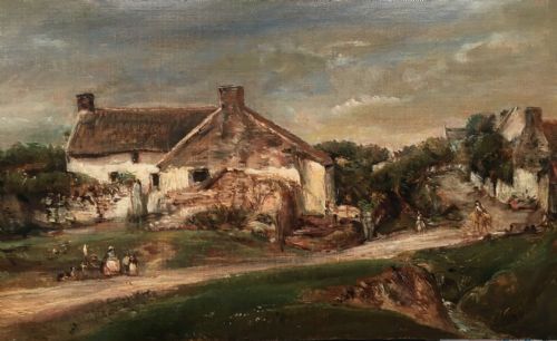 fig 1. English School Original Oil Painting Landscape Hamlet & Country Woman by a Road