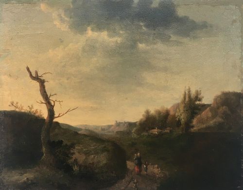 fig 1. FRENCH SCHOOL (Manner of Corot) 1825 Original 19th Century Antique Oil Painting Rural Landscape with Figures