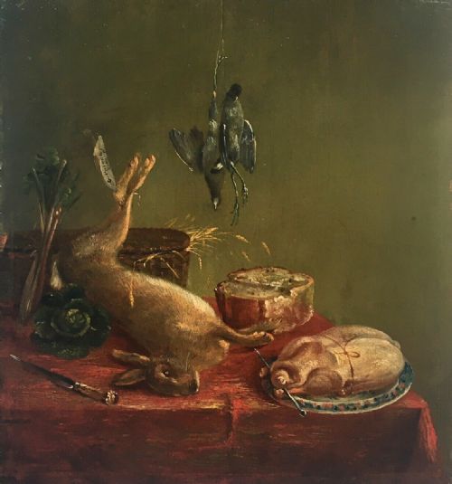 fig 1. ENGLISH SCHOOL Original 19th Century Antique Oil Painting on Oak Panel Still Life of Game in Gilt Frame