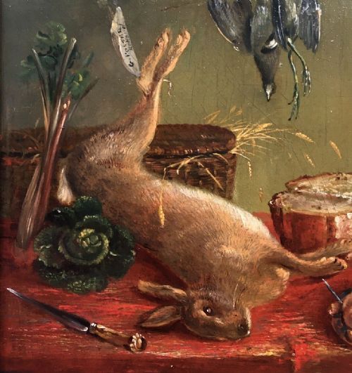 fig 2. ENGLISH SCHOOL Original 19th Century Antique Oil Painting on Oak Panel Still Life of Game in Gilt Frame