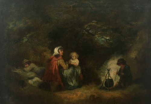 18th Century English School Antique Oil Painting Attributed to George Morland Gypsy Encampment