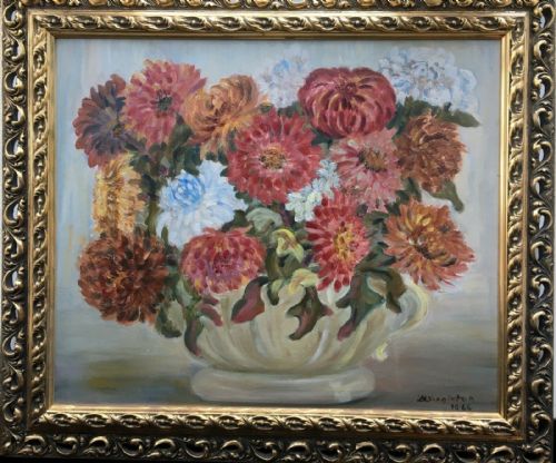 Signed B Singleton 1966 Original 20th Century Framed Oil Painting Dahlia Flowers in an Urn Still Life Study