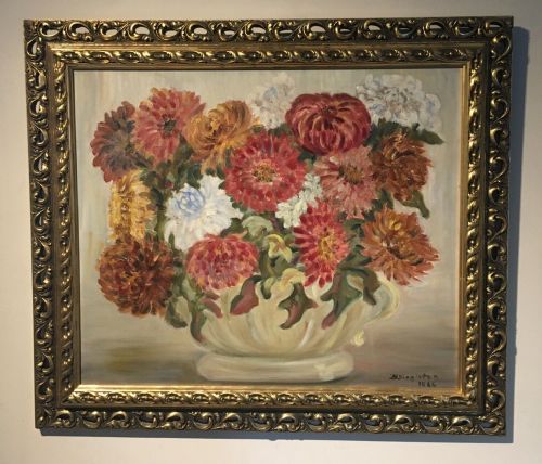 fig 1. Signed B Singleton 1966 Original 20th Century Framed Oil Painting Dahlia Flowers in an Urn Still Life Study
