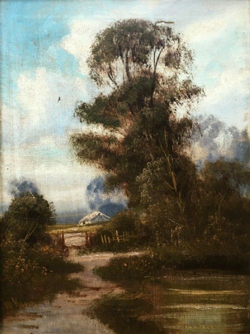 fig 1. Signed Original Framed Antique Oil on Canvas Painting Woodland Landscape