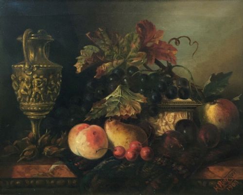 Signed Original 1903 English School Antique Oil Painting on Canvas Still Life Fruit in Decorative Frame