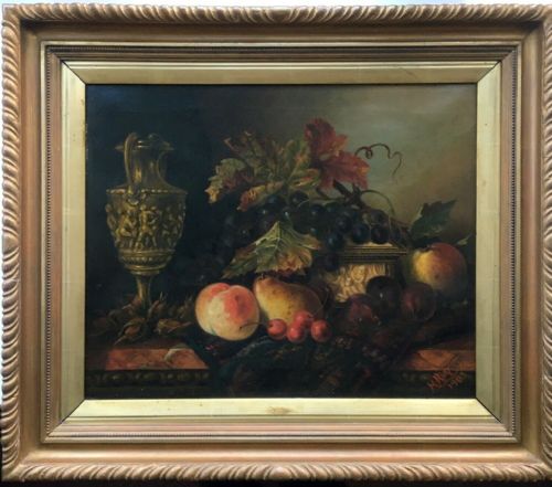 fig 1. Signed Original 1903 ENGLISH SCHOOL Antique Oil Painting on Canvas Still Life Fruit in Decorative Frame