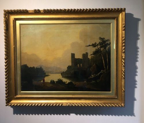 Manner of Richard Wilson Antique Oil Painting on Canvas Riverbank & Figures Beside a Ruin Landscape