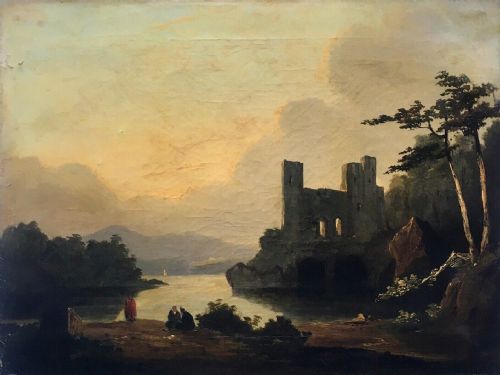 fig 1. Manner of Richard Wilson Antique Oil Painting on Canvas Riverbank & Figures Beside a Ruin Landscape