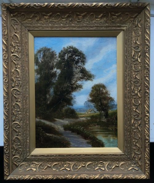 Signed Original Framed 19th Century Antique Oil Painting Woodland Landscape