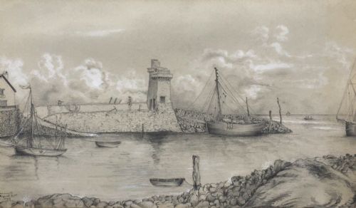 English School 1852 Antique Original Pencil & Watercolour Drawing Lynmouth Devon Seascape