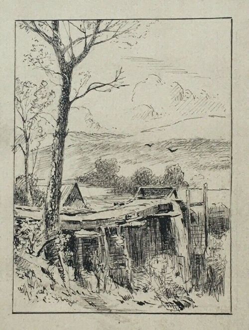 Mark Fisher Signed Original Antique Ink Drawing Rural Scene & 3 Other Sketches