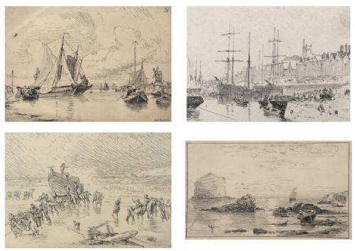 E W Cook Signed Original Pen & Ink Drawing & 3 Other Seascape Sketches