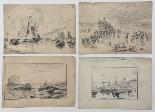 fig 1. E W COOK Signed Original Pen & Ink Drawing & 3 other Seascape Sketches