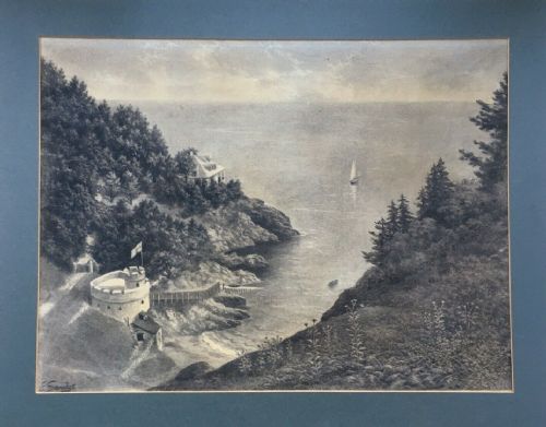 fig 1. E SANDYS 1913 Antique Original Charcoal Drawing Mills Bay Cove Kingswear Devon