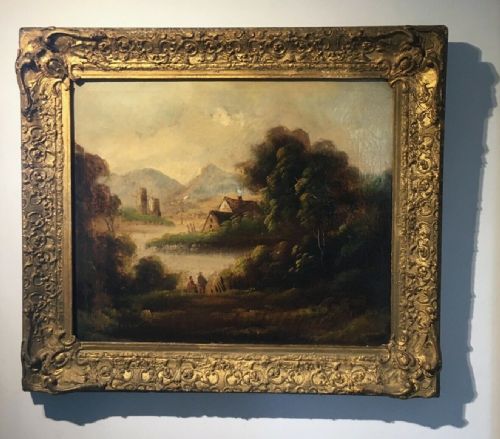 Original 19th Century Antique Oil Painting Landscape Figure, Cottage & Hills