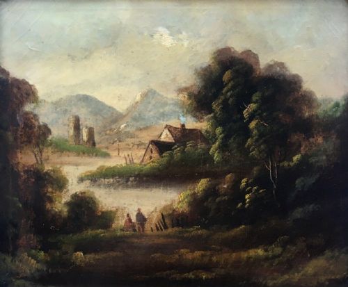 fig 1. Original 19th Century Antique Oil Painting Landscape Figure, Cottage & Hills