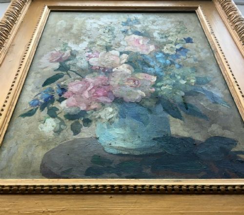 fig 1. Lady Elizabeth Chalmers English School Oil Painting on Canvas Still Life Flowers