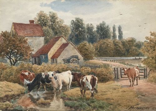 John Macpherson Original Signed Antique Watercolour Painting Cattle Landscape