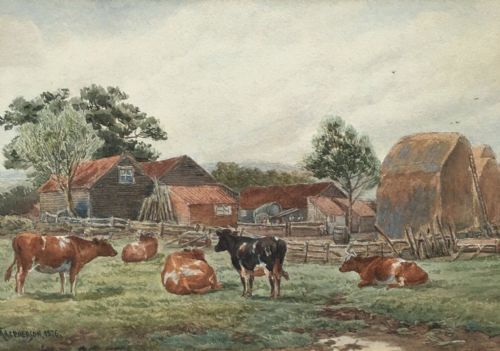 John Macpherson 1876 Signed 19th Century Watercolour Painting Cattle Landscape