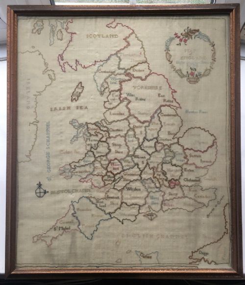 18th Century Antique Tapestry Needlepoint Embroidery of Britain by Sophie Brown Dated 1788