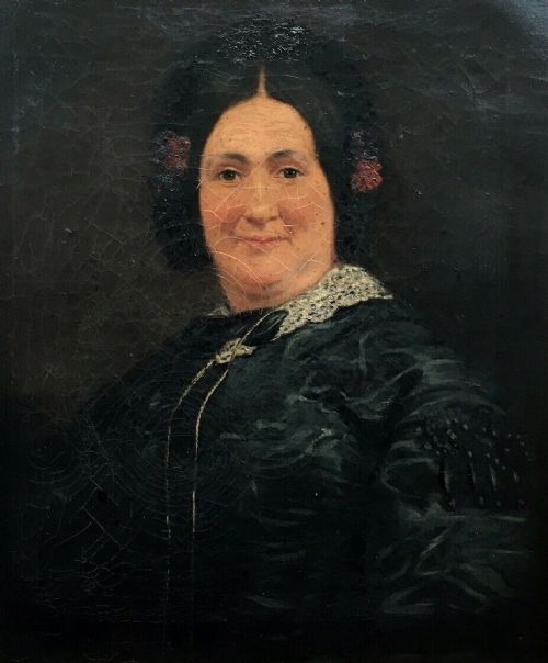 fig 1. Original Antique 19th Century Oil Painting & Frame Camvas Portrait of an English Lady