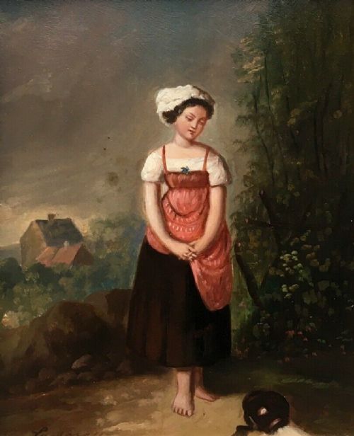 Antique Original Oil Painting Signed Dutch School Peasant Girl Milk Maiden