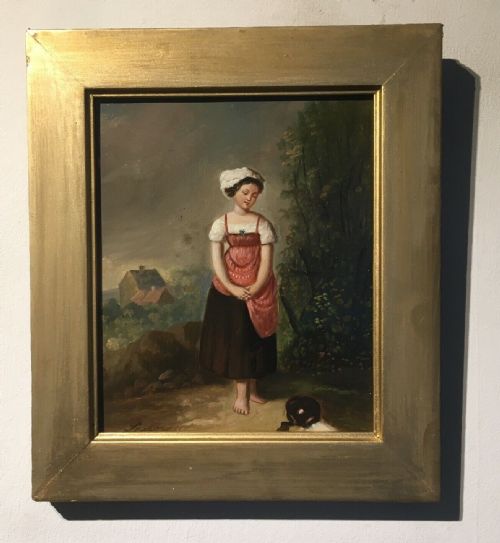 fig 1. Antique Original Oil Painting Signed Dutch School Peasant Girl Milk Maiden 