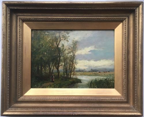 Original Antique English School Oil Painting Figure River Cattle Landscape