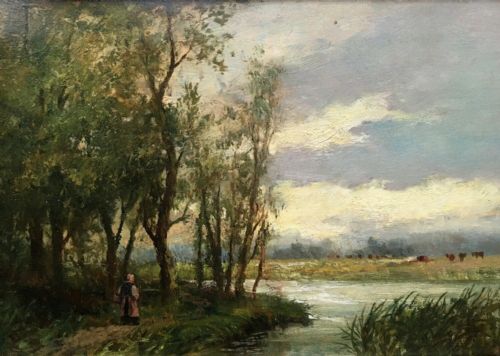 fig 1. Original Antique English School Oil Painting Figure River Cattle Landscape