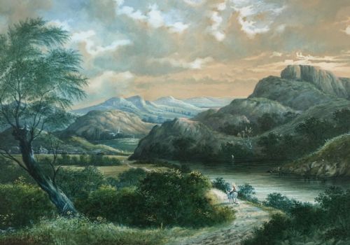 fig 1. Signed Sutton Palmer Antique Cumberland Landscape Painting Travelling Figure