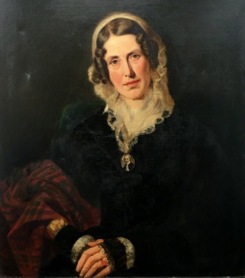 fig 1. Manner of Margaret Carpenter Portrait of a Lady in Lace Bonnet with Tartan Shawl Original 19th Century Oil Painting in Large Decorative Gilt Frame