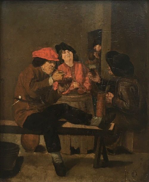 Circle of Cornelis Dusart Antique Monogrammed Dutch School Oil Painting on Board Tavern Scene